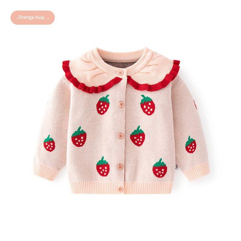 Spring and Autumn Strawberry Girl Round Neck Lace Kids Pure Cotton Cardigan Coat Sweater Baby Girl Single Breasted Knitwear