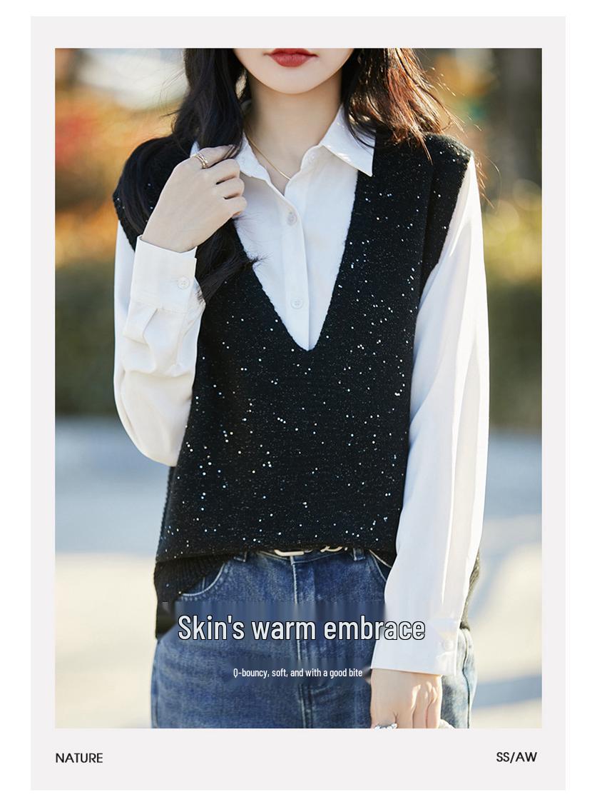 

Женский вязаный жилет без рукавов с V-образным вырезом и подплечниками большого размера - Блестящий весенне-осенний топ Extra Large