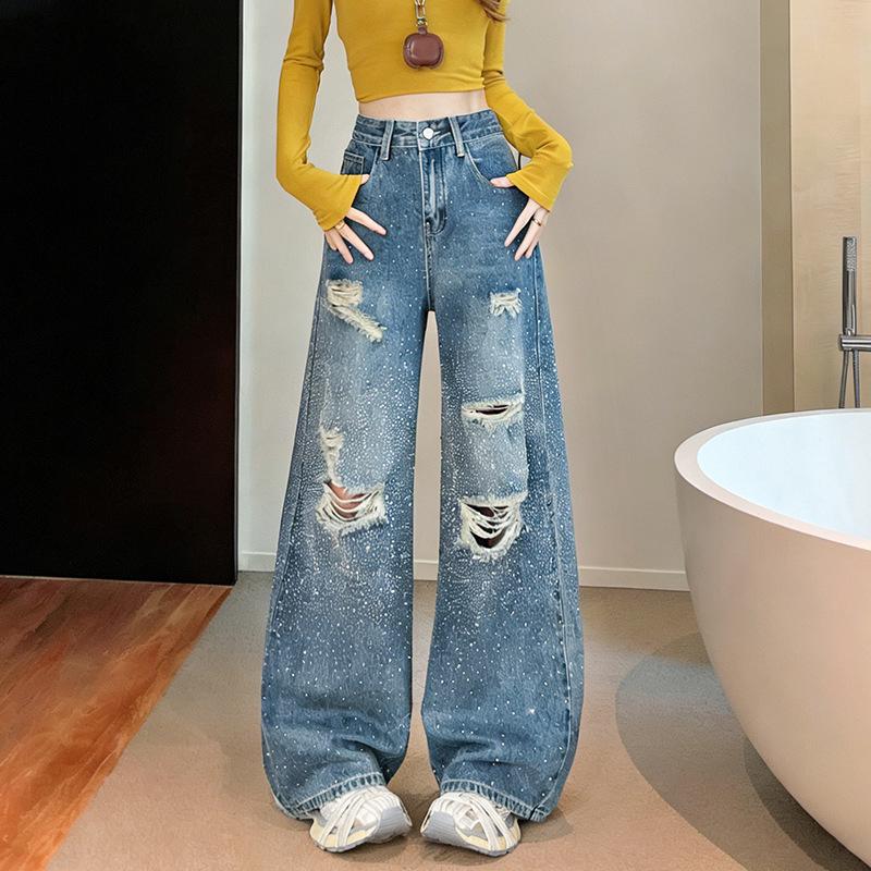 Starry Sky Rhinestone Ripped Floor-Length Jeans for Women