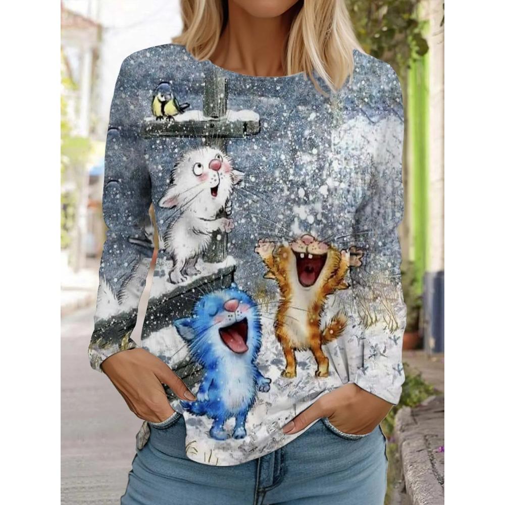 Spring and Autumn Round Neck Cat Pattern 3D Printed Top Fashionable Casual Long Sleeved Women's T-shirts