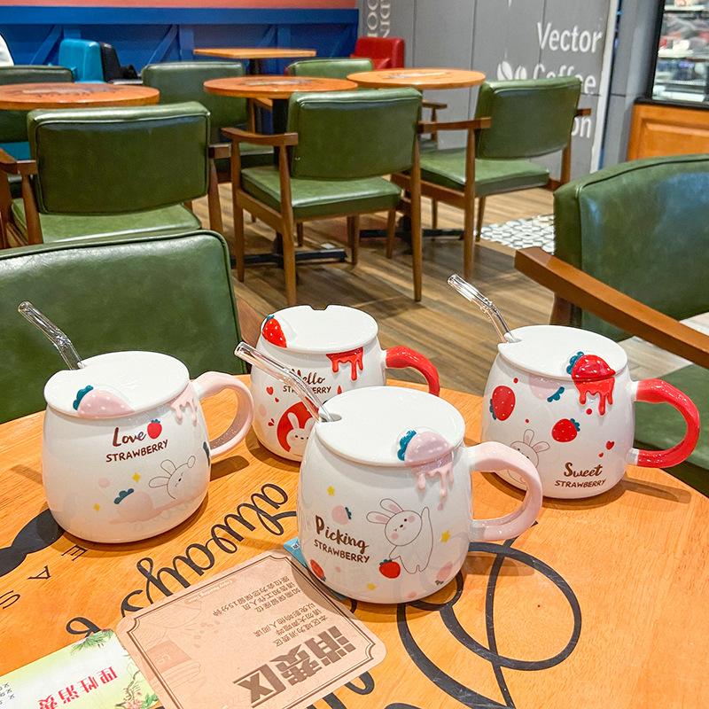 Cute Rabbit Strawberry Mug Straw Coffee Cup Mug for Tea Mugs Funny Cups and Mugs Drinkware Kitchen Dining Bar Home Garden
