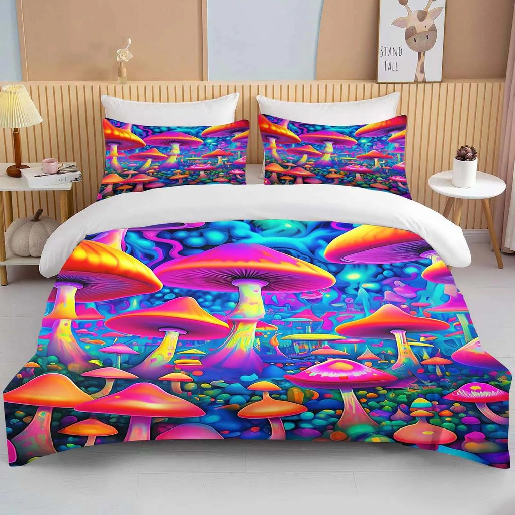 Super Vibrant Neon Psychedelic Mushrooms Print Bedding Set 1 Duvet Cover 1/2 Pillowcases Adult and Children Bedding Set Luxury