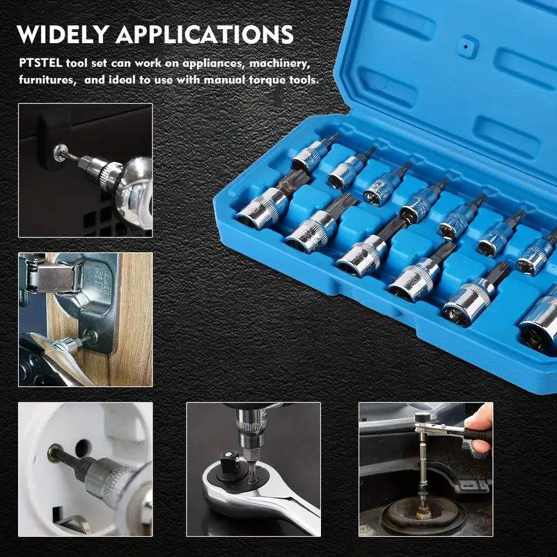 13pcs Torx Sockets Star Socket Kit Hex Socket CRV Sockets 1/4inch,3/8inch & 1/2inch Drive For Hand Use Work T8-T70 H2-H14