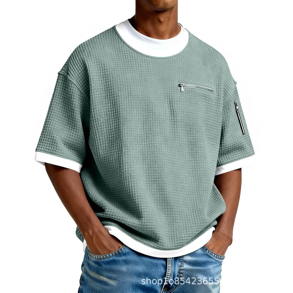 Simple Waffle-patterned Faux Two-piece Casual Short-sleeve T-shirt, Solid Color, New Men's Fashion, Color-blocking Top