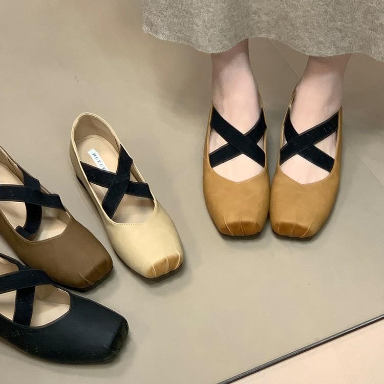 Soft leather version~ retro cross-strap ballet shoes in the autumn of 2025, new inner height increase square head shallow mouth single shoes for women