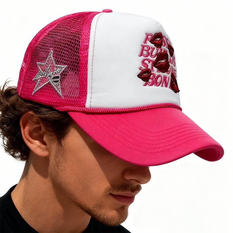 Red lip, wide brim, multi-color letter baseball cap, sunshade, breathable, casual baseball net cap for truck drivers