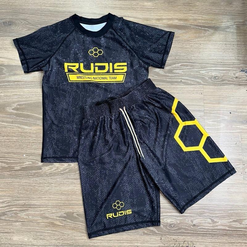 Summer Men's Black Honeycomb Print Wrestling Style Sport Set Quick Dry Rash Guard & Shorts Breathable Athletic Training Uniform