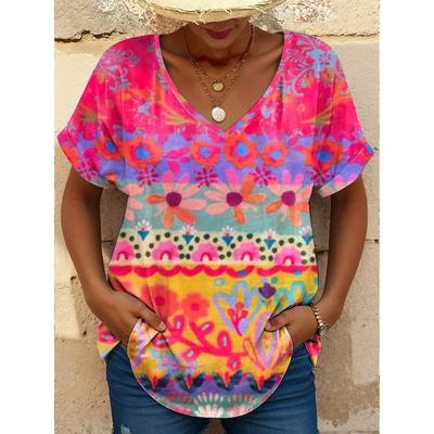 Summer New Women's T-shirt, 3D Floral Printed Short-sleeved T-shirt with V-neck, Women's Fashionable T-shirt