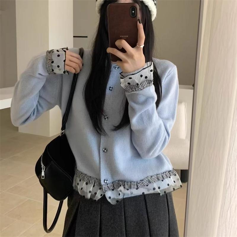 

Korean Sweet Lace Splicing Sweater Cardigan Autumn and Winter New Temperament Short Sweater Top Onesize синий