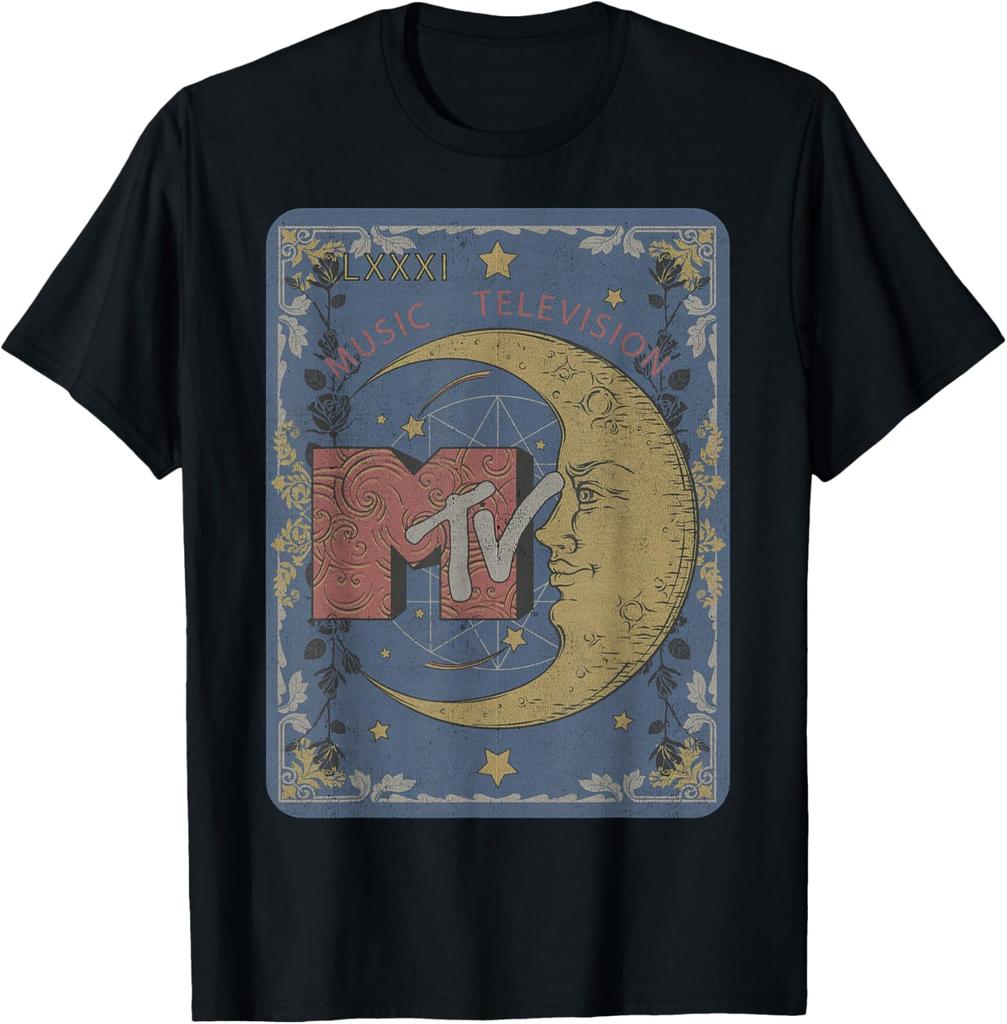 MTV Music Television Crescent Moon Tarot Card Graphic Cotton T-Shirt Retro Trip Tee for Trip