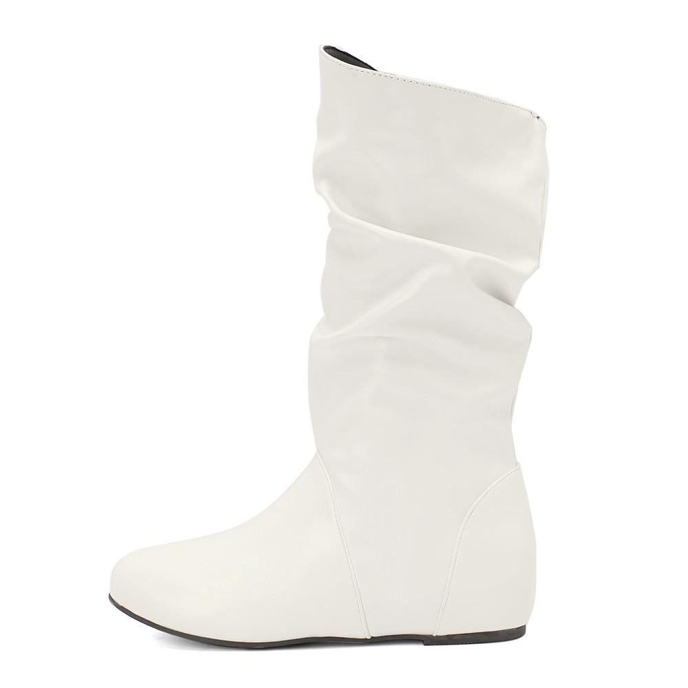 Fashion Mid-Calf Boots Women PU Pleated Boots Female Round Toe Shoes Concise Height Increasing Flat Shoes Autumn Winter 2025 Size34-48