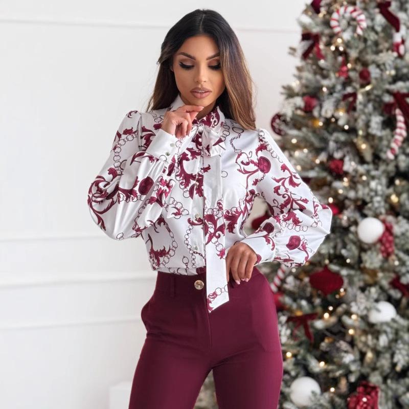Ladies Spring Summer Lantern Sleeve Bandage Printed All Match Shirt Top