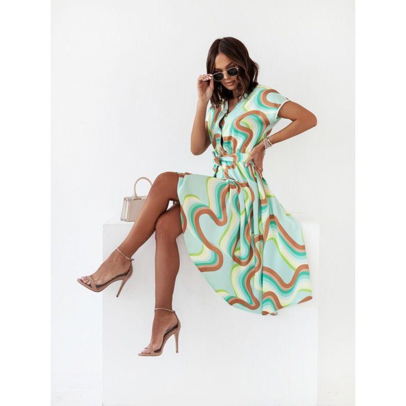 Printed Waist Dress Women's Clothing Summer Fashion Style Fashion Temperament Printed Short Sleeve V Neck Dress