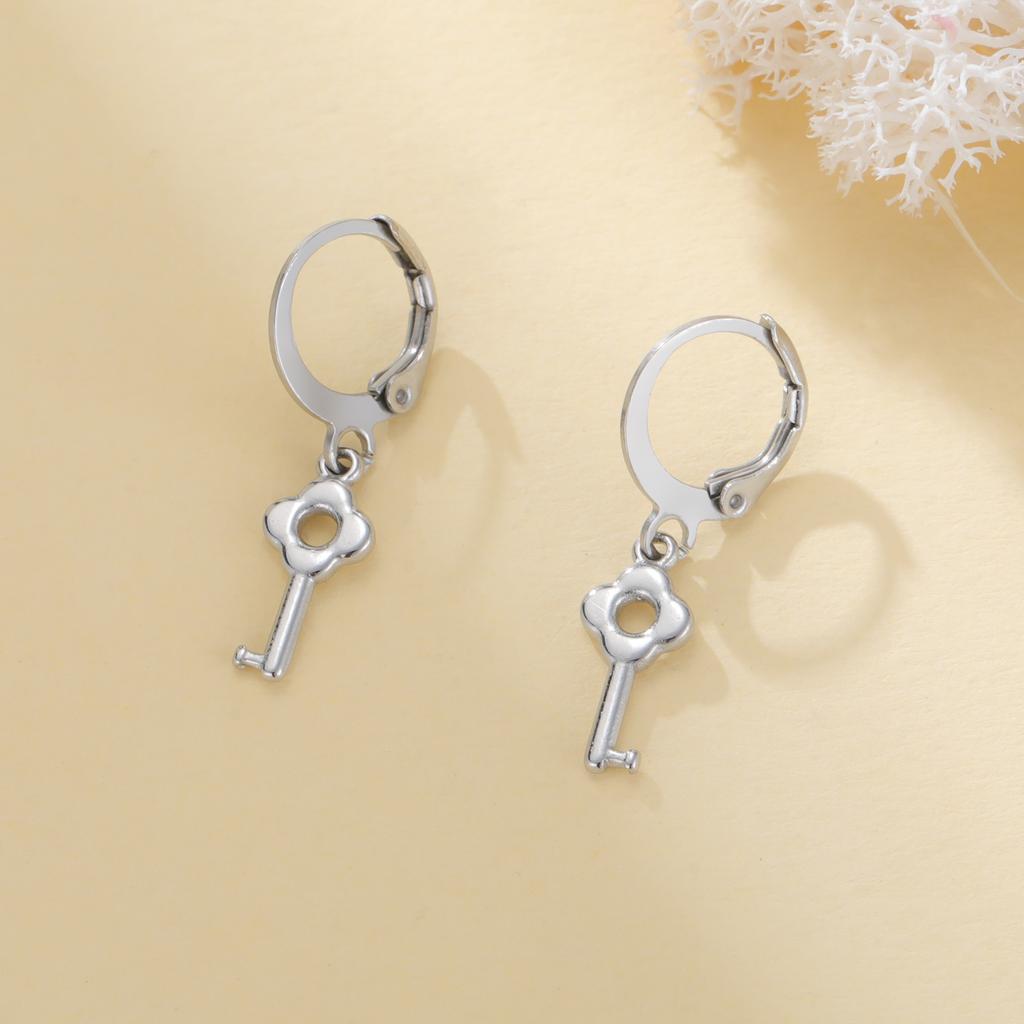 Teamer Flower Key Dangle Earrings For Women Girls Stainless Steel Hoop Earrings Delicate Gentle Sweet Style Zircon Trinket Gift