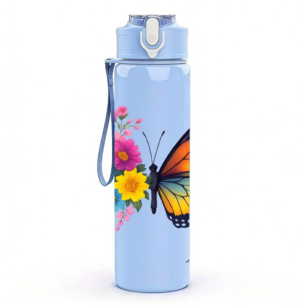 1PC Bright Colorful Butterfly 750ml Color Plastic Sports Water Bottle Leakproof Flip Straw Lid Suitable for Sports Office Home Use