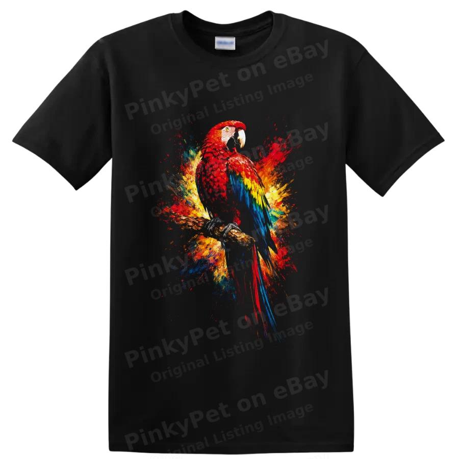 Scarlet Macaw Parrot T Shirt Colorful Tropical Bird Paint Splash Art Tee Gift