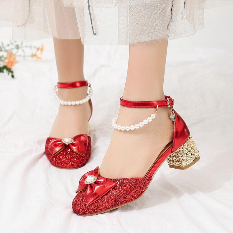 2025 Summer Princess Sandals Women's Buckle Students Middle School Children's Performance Shoes New Red Bow Girls Sandals