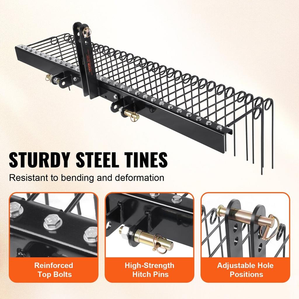 Tow Behind Landscape Rake 72" Lawn Dethatcher Rake with 32 Steel Tines
