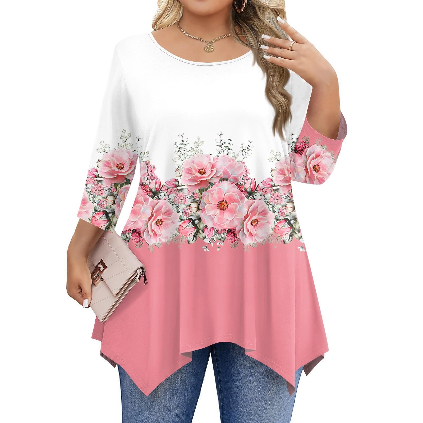 

Женские рубашки с рукавом 3/4 больших размеров, туники с круглым вырезом, базовые футболки свободного кроя, размеры L-5XL XXXXXL розовый