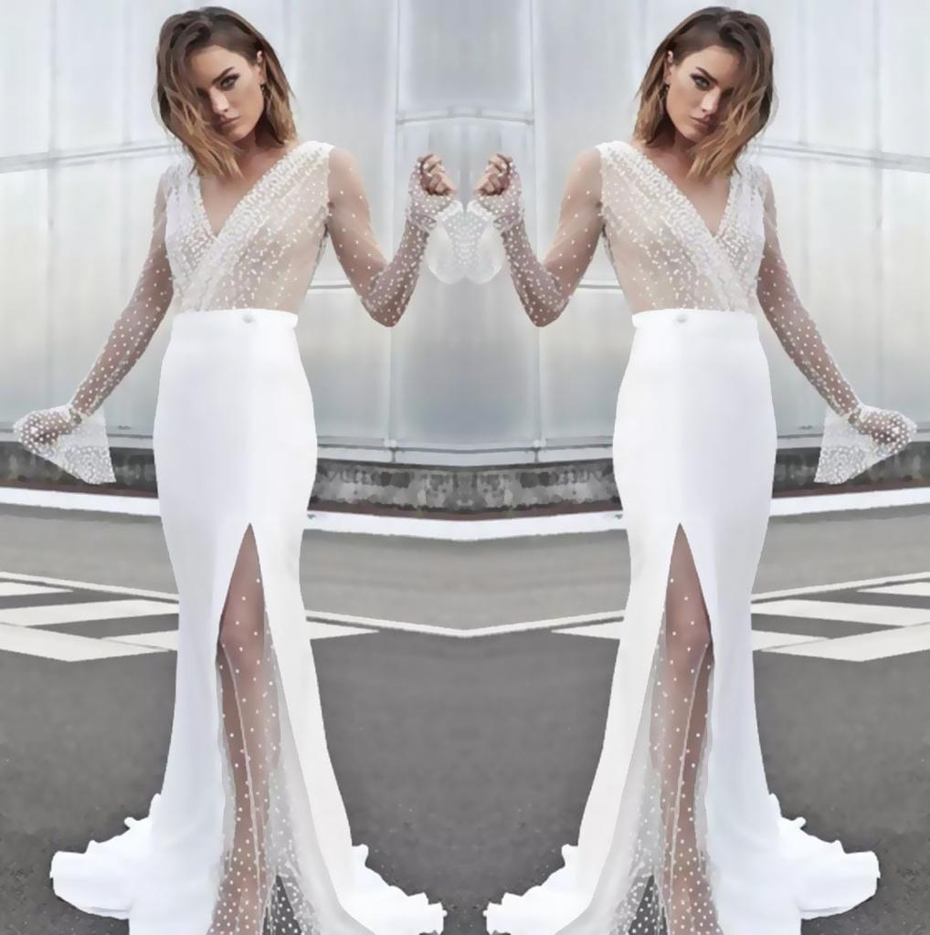 2025 Summer Autumn Women's Sheer Mesh Wedding Dress, Sexy V-Neck Long Sleeve Gown With High Slit, White See-Through Bridal Dress For Formal Events