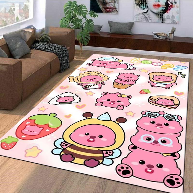 Cute Pink Cartoon Bear Pattern Carpet with Fruits and Dessert Style Suitable for use as an anti-slip for living room bedroom sofas