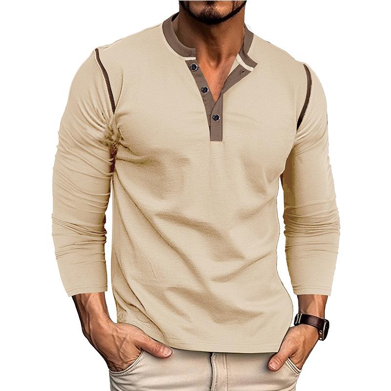 Men's Contrast Piping Raglan Henley Shirt Placket Long Sleeve Slim Casual Vintage Tee