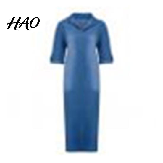 Abito Lungo in Denim Estivo Vintage da Donna con Scollo a V, Maniche a Tre Quarti, Orlo con Spacchi Laterali, Ampio