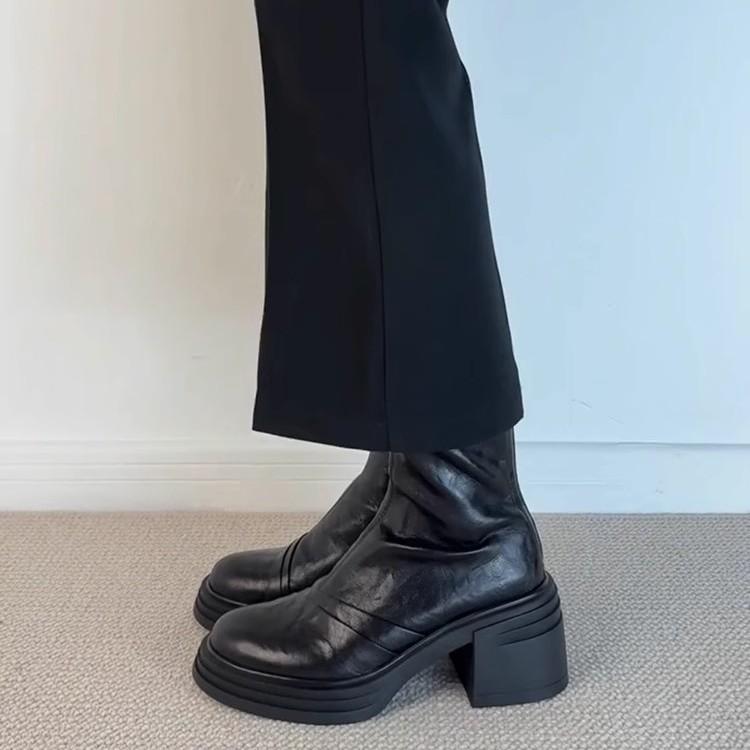 Lammfellversion~ Französisches Leder Plateau High-Heel Kurzstiefel Damen 2025 Herbst und Winter neu runde Spitze dicker Absatz elastische dünne Stiefel