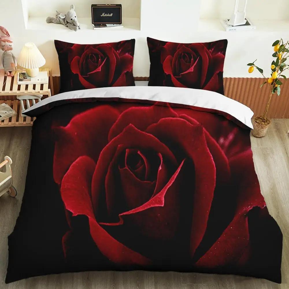 Red Rose Duvet Cover Collection Full Size Microfiber Red Flower Quilt Cover For ValentineS Day MotherS Day Wedding Soft Bedding Collection