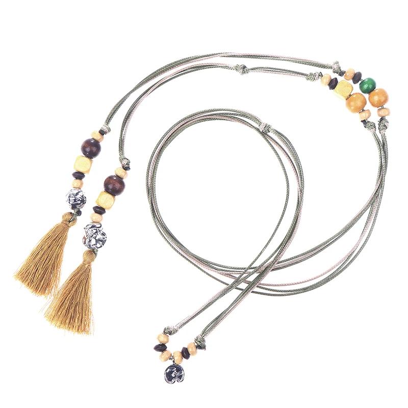 

Wood Beads Belt PU Jeans Decor Ethnic Style Weaving Waistband Contrast Color Adjustable Retro Tassel Waist Chain