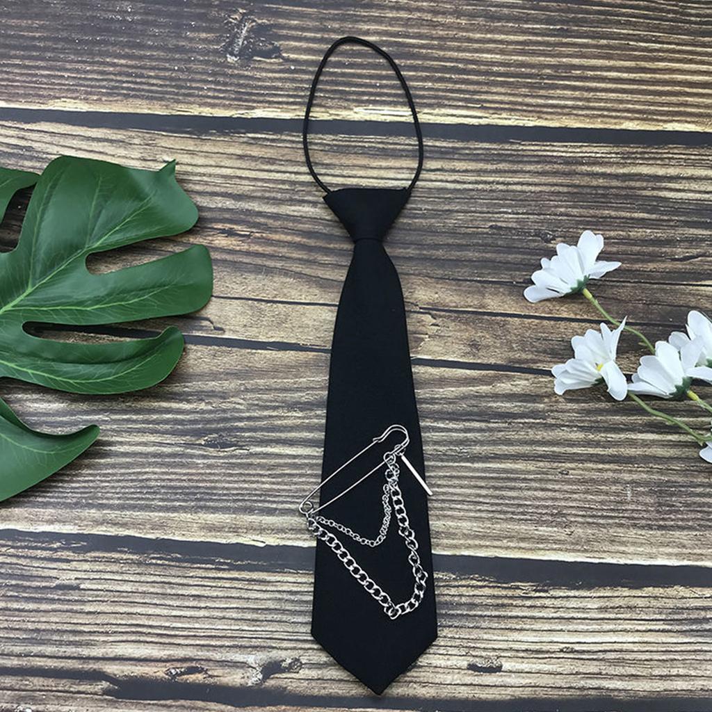 Japanese Gothic Black Neck Tie with Metal Chain Tassel School Student Pre-Tied Adjustable Necktie for Uniforms