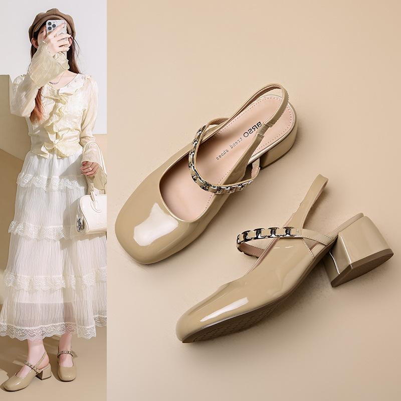 

Hong Kong soft leather bag head sandals women s 2025 summer pearl fashion versatile medium thick heel thin soft sole Mary Jane shoes 34 телесный