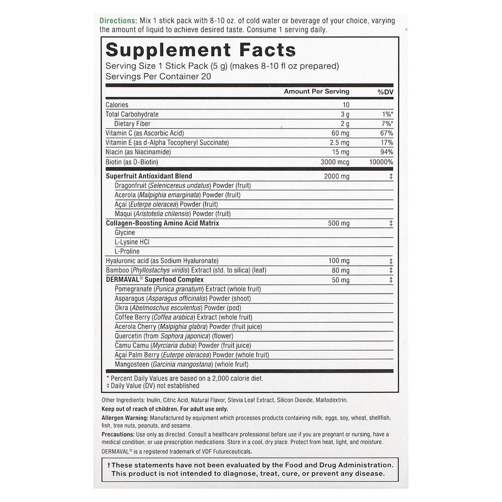Collagen Boosting Superfoods, Tropical Fruit Flavors, 20 Stick Packs, 5G (0.18Oz) Each