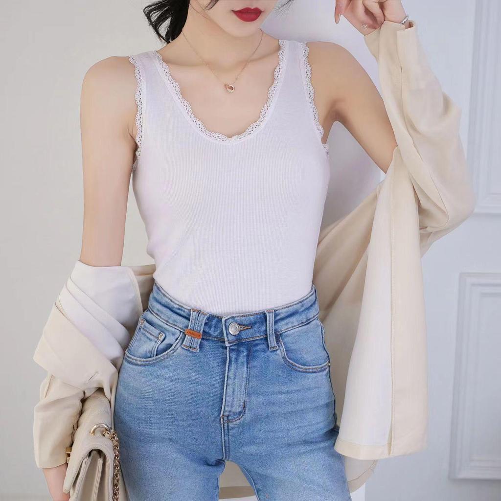 Modal Cotton V-Neck Lace Trim Ribbed Tank Top - Slim-Fit Versatile Camisole for Spring/Summer