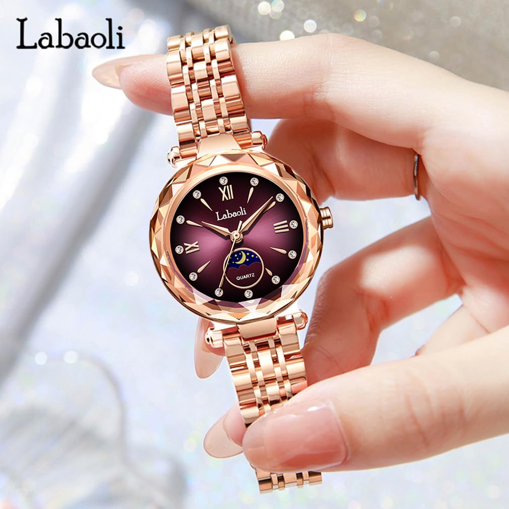 Rose Gold Watch with Brand Stainless Business Gift for Purple Women's Crystals, Stylish, Waterproof, Name, Steel, Watch, Luxury, Cute, Her,