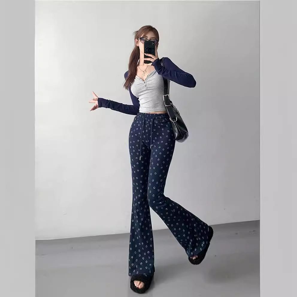Smiling High Waist Printed Elastic Flare Pants for Women In Spring New Slim Fit and Casual Flare Pants