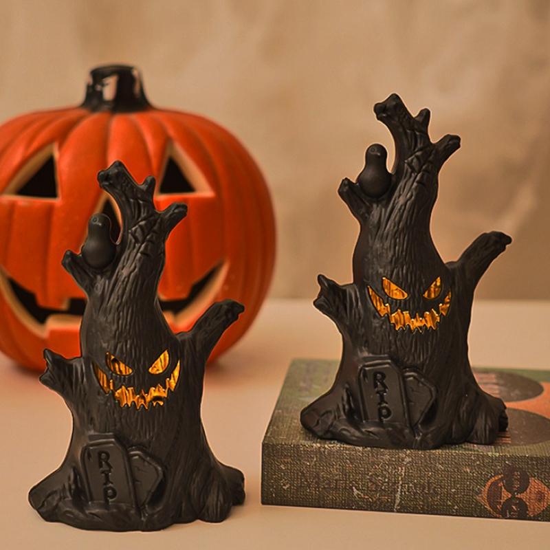 1–10PCS Halloween LED Ghost Face Pumpkin Lights Flameless Candle Tree Stump Decor for Table Home Party Indoor Holiday Setting