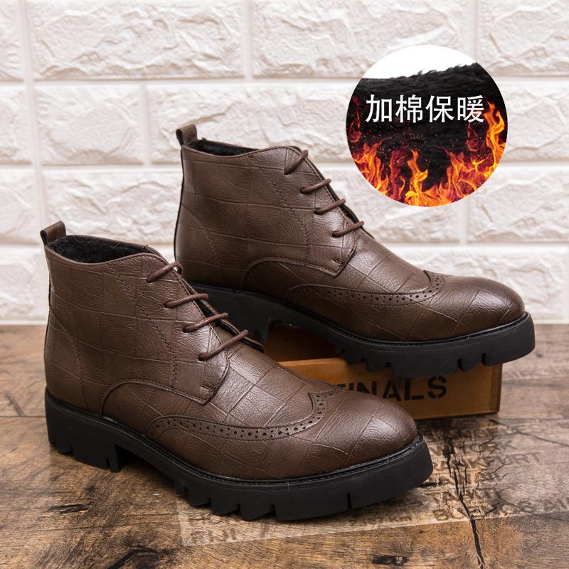 Autumn men's high-top solid color pointed leather shoes retro fashion trend lace-up cotton boots