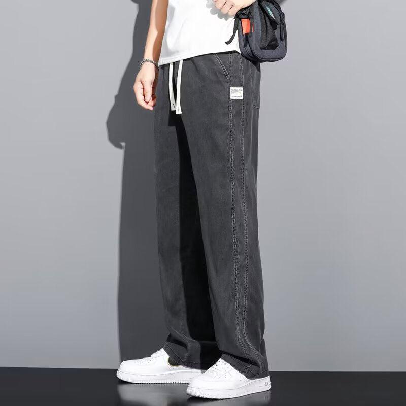 Men's Summer Soft Thin Baggy Straight Wide Leg Pants Youth Popular Drawstring Elastic Waist Loose Lyocell Fabric Trousers
