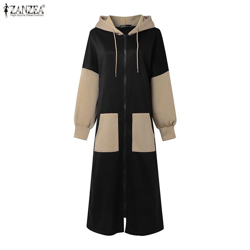 ZANZEA Women Long Sleeve Casual Patchwork Long Hooded Sweatshirts