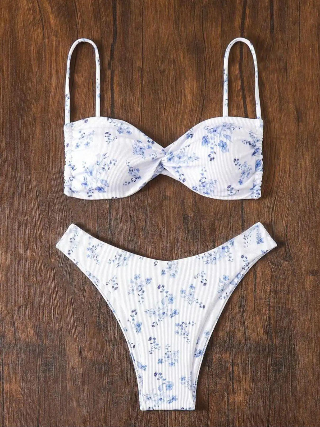 

Женский ребристый купальник-бикини из двух частей 2024 года - Европейско-американский стиль, трансграничная пляжная одежда Small синий