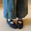 Sheepskin version~ versatile French woven mesh one-word buckle single shoes women's shallow mouth round head flat bottom comfortable Mary Jane shoes