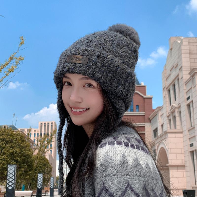 Autumn and Winter Plush Hat Women's Plush Warm Ear Protection Knitted Wool Hat Shows the Face Small Versatile Pullover