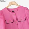 VONDA Women Short Sleeves Stitching Texture Casual Cropped Blouse Tops