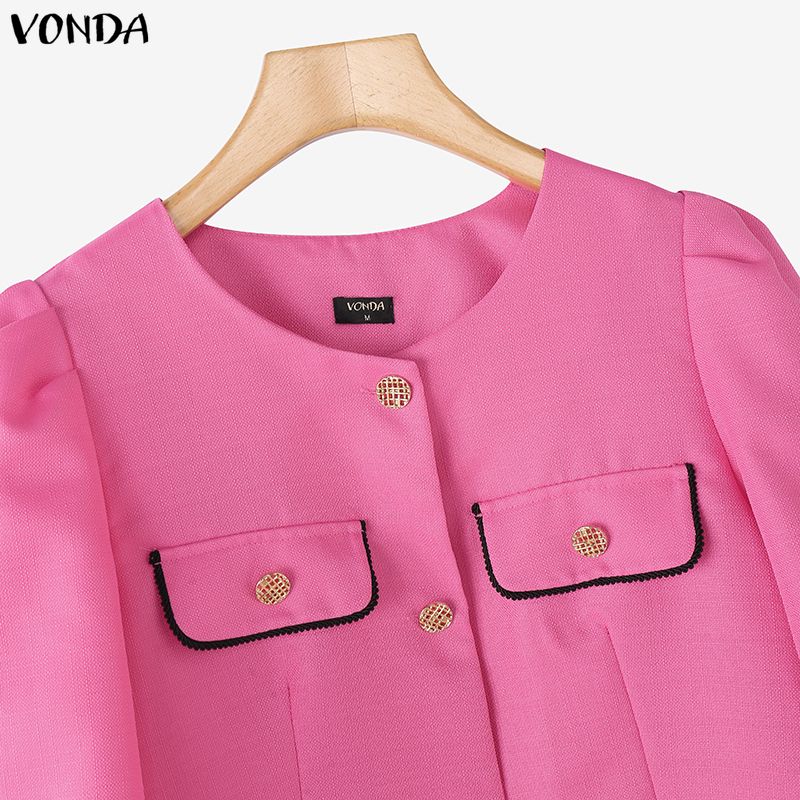 VONDA Women Short Sleeves Stitching Texture Casual Cropped Blouse Tops