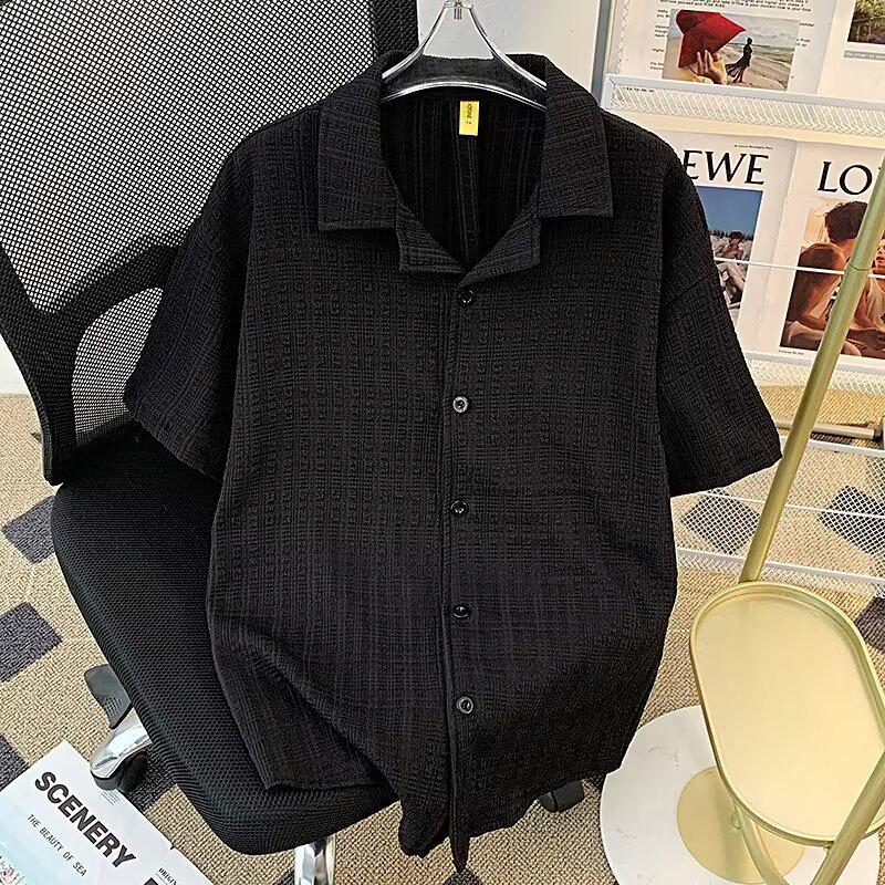 

Мужская летняя повседневная рубашка с коротким рукавом и полосатым кубинским воротником - модный корейский стиль 2XL чёрный