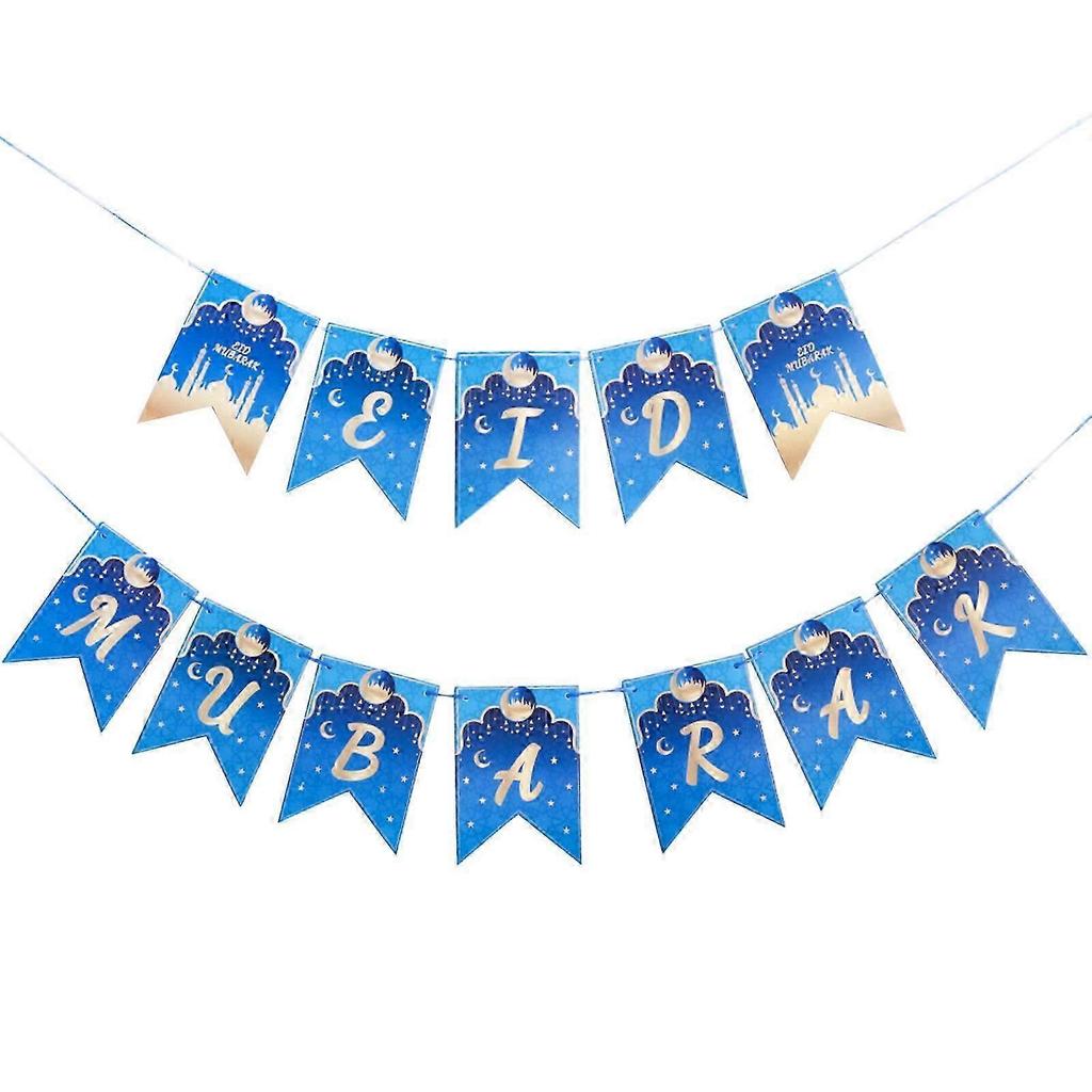 Eid Mubarak Blau für Banner 2022 Mond Stern Wimpelkette Hintergrund Dekoration für Islam Muslim Ramadan Party Wand Tür Dekoration Geschenk Zubehör