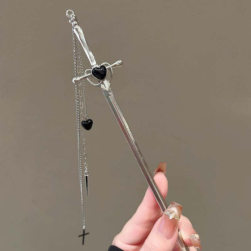 2025 New Chinese Style Sword Hairpin for Women Punk Silver Color Metal Heart Cross Tassel Hair Sticks Hair Accessories Headdress
