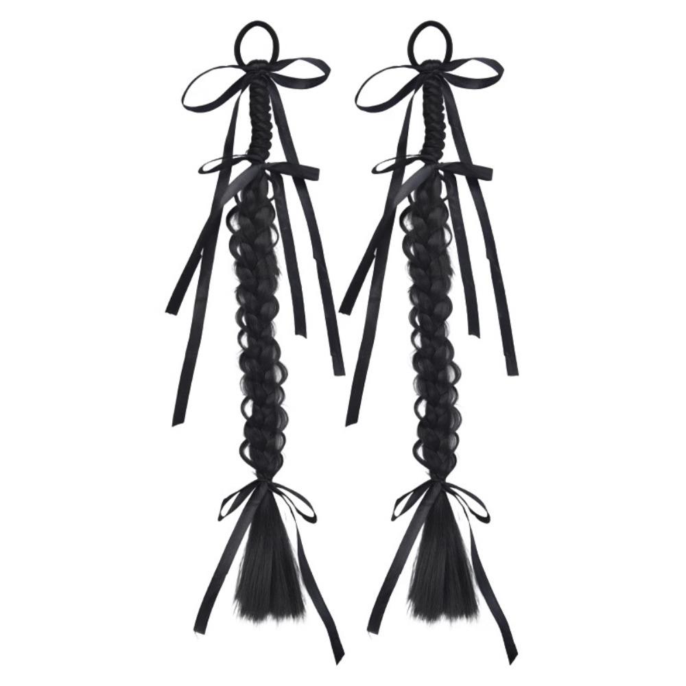 1Pair Fried Dough Ribbon Bow Double Ponytail Handmade Long Braiding Hair Extensions  Women/Girls