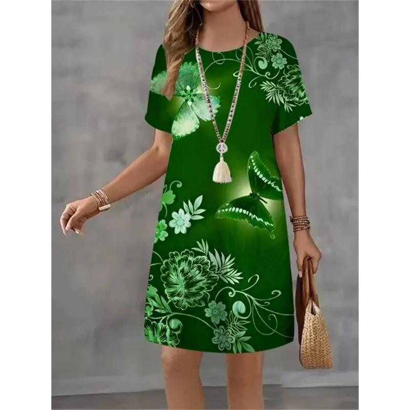 Summer Ladies 3D Printed Crew Neck Short Sleeve Dress Fashion Versatile Trend Breathable Casual